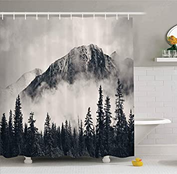 Canadian Smoky Mountain Cliff Outdoor Idyllic Photo Art Shower Curtain, National Parks Home Decor Curtain, Waterproof Polyester Fabric Bathroom Shower Curtain with Hooks 72" x 72"