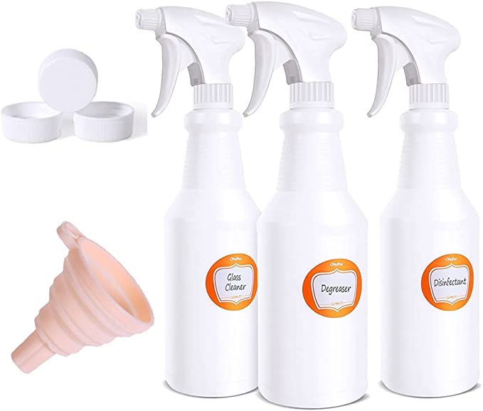 Ohuhu Spray Bottles (3 Pack, 24 Oz, All-Purpose) Leakproof Empty Refillable Spraying Bottle for Household Cleaning Solutions, Planting Sprayer with Adjustable Nozzle, Silicone Funnel, Caps & Labels