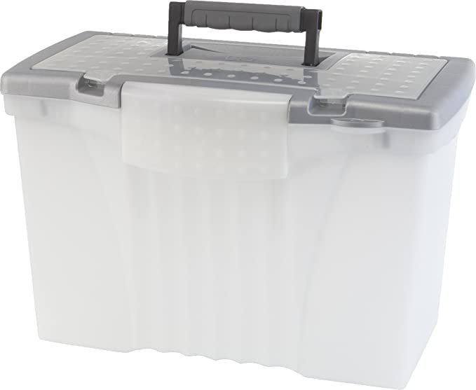 Storex Portable File Box with Organizer Lid, 17.13 x 9.63 x 11 Inches, Frosted/Silver (STX61511U01C)