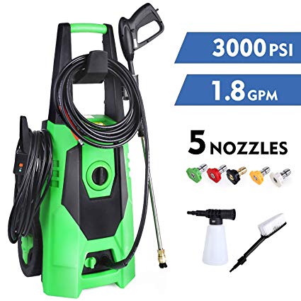 GARTIO Pressure Washer, 3000PSI 1800W 1.8GPM Portable Electric High Power Cleaner Machine, with Spray Gun and 5 Interchangeable Nozzles, Soap Pot and Brush, Suit for Garden Household, Farm and Vehicl