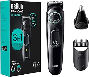 Braun All-in-One Style Kit Series 3 3430, 3-in-1 Trimmer for Men with Beard Trimmer, Ear & Nose Trimmer, Hair Clippers, Ultra-Sharp Blade, 20 Length Settings, Washable, Black