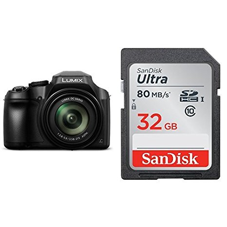 PANASONIC LUMIX FZ80 4K 60X Zoom Camera, 18.1 Megapixels(USA BLACK) and SanDisk 32GB Ultra Class 10 SDHC UHS-I Memory Card