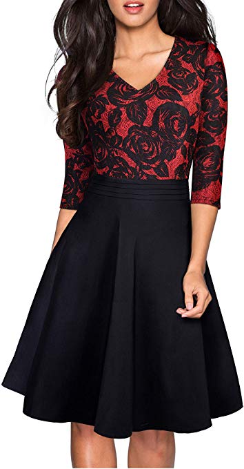 HOMEYEE Women's Chic V-Neck Lace Patchwork Flare Party Dress A062