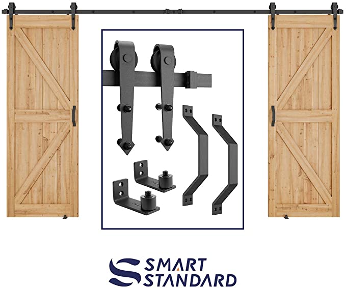 12 FT Heavy Duty Double Gate Sliding Barn Door Hardware Kit, 12ft Double Rail, Black, (Whole Set Includes 2X Pull Handle Set & 2X Floor Guide) Fit 30"- 36" Wide Door Panel(Arrow Hanger)