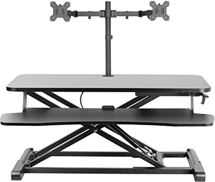 VIVO Black Height Adjustable 32 inch Standing Desk Converter and Dual Monitor Stand Combo, Sit Stand Dual Monitor Mount and Desk Riser, Fits 13 to 27 inch Screens (Bundle)