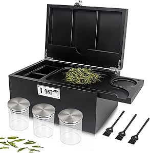 lotmusic Large Storage Box with Removable Slide-Out Tray,Bamboo Decorative Box with 3-Pack Glass Jars Cleaning Brushes,Home Decoration Black Storage Box with Combination Lock for Gifts