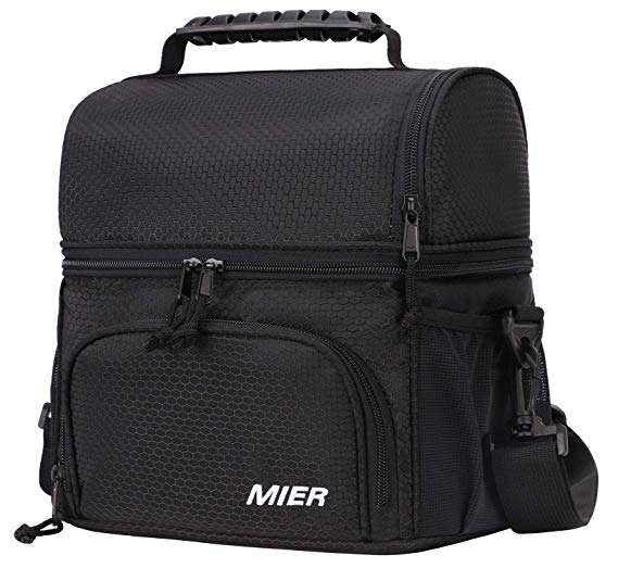 MIER Insulated Lunch Bag Tote for Women Men Kids 2 Compartment Reusable Soft Cooler Bag for Work, School, Medium, Black