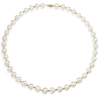 14k Yellow Gold 9-9.5mm White Freshwater Cultured Pearl Necklace with Sparkling Beads, 18"