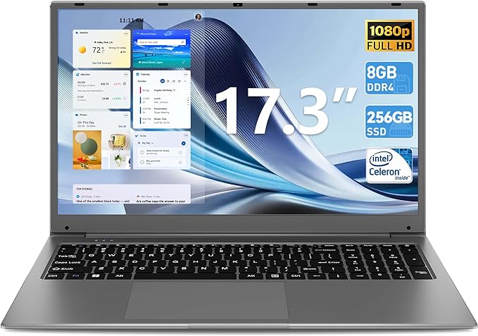 SGIN 17 Inch Laptop, Laptops with IPS Full HD, Intel Celeron Quad Core J4105 8GB RAM 256GB SSD, Buletooth 4.2, Mini HDMI, Webcam,2xUSB 3.0, Expandable Storage 512GB TF(Gray)