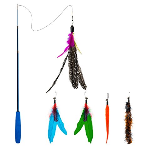 Depets Feather Teaser Cat Toy, Retractable Cat Feather Toy Wand With 5 Assorted Teaser With Bell Refills, Interactive Catcher Teaser For Kitten Or Cat Having Fun Exerciser Playing