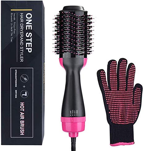 One Step Hair Dryer and Volumizer, Ionic Hair Straightener Hot Air Brush Fab Hair One Step Electric Salon Negative Ion Curly Hair Comb with Heat Resistant Glove