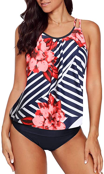 Dokotoo Womens Stripes Lined Up Double Up Tankini Top Sets Swimwear