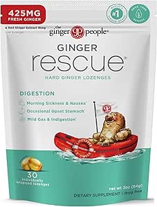 The Ginger People Ginger Rescue Digestive Wellness Lozenges (Hard) | Regular Strength - 425mg | Morning Sickness, Nausea, Upset Stomach, Mild Gas & Indigestion, 30 Count