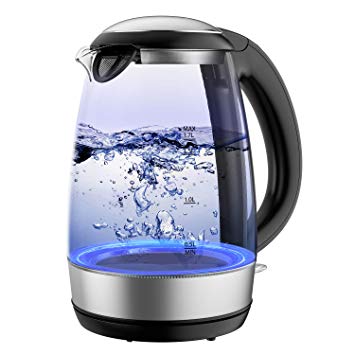 Plemo Electric Kettle with LED Indicator, 1.7L Glass Tea Kettle Heater with Auto Shut-Off Boil-Dry Protection, Stainless Steel Filter, Inner Lid & Bottom, BPA Free (PL015-01)