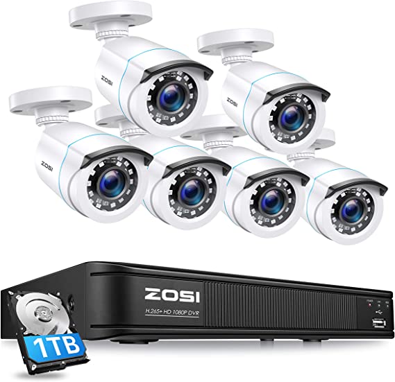 ZOSI 1080p Home Security Camera System Outdoor Indoor, H.265  5MP Lite CCTV DVR Recorder 8 Channel with Hard Drive 1TB and 6 x 1080p Weatherproof Surveillance Bullet Camera, 80ft Night Vision