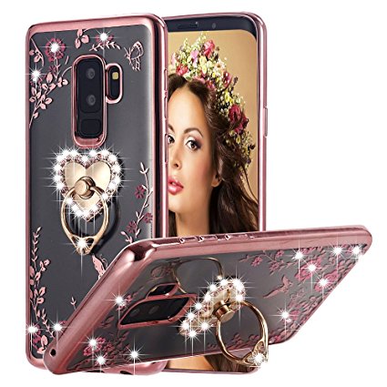 Galaxy S9 Plus Case Pink Ring, Miniko(TM) Soft Slim Bling Rhinestone Floral Crystal TPU Plating Rubber Case with Detachable 360 Diamond Finger Ring Holder Stand for Galaxy S9 Plus