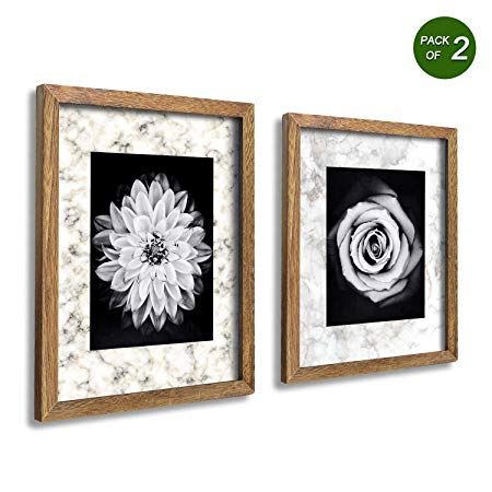 Emfogo 11x14 Picture Frames Display Pictures 8x10 with Marbled Texture Mat or 11x14 Without Mat for Wall Mounting Solid Wood Photo Frames Pack of 2