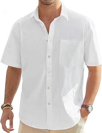Alimens & Gentle Men's Linen Shirt Short Sleeve Casual Lightweight Button Down Shirts Beach Summer Tops