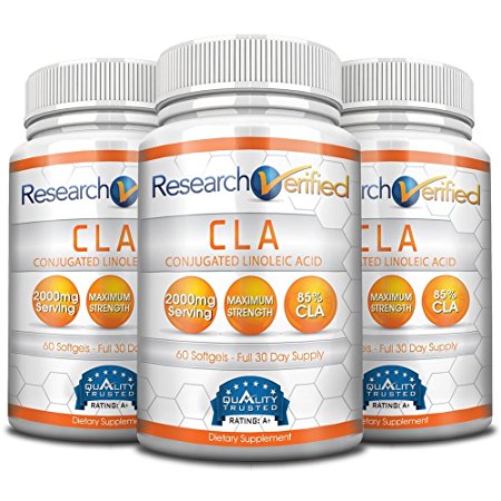 Research Verified CLA - 2000mg 85% Conjugated Linoleic Acid - Top Proven Potency - 100% Pure - 100% 365 Days Money Back Guarantee - 3 Bottles (3 Months Supply) - Natural Weight Loss Management