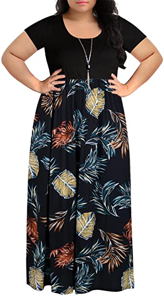 Nemidor Women's Chevron Print Summer Short Sleeve Plus Size Casual Maxi Dress