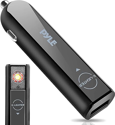 Pyle USB Car Electric Cigarette Lighter - Windproof Flameless Electronic Cigar Smoking Lighter w/Plasma Arc Heat, Rechargeable Battery, USB Charge Port, Charges Via Car Cigarette Lighter Plug