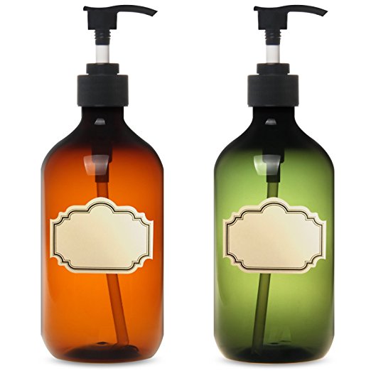 Soap Dispenser Plastic Pump Bottles by Yiove, Amber and Green Lotion Dispensers, 2 Pack