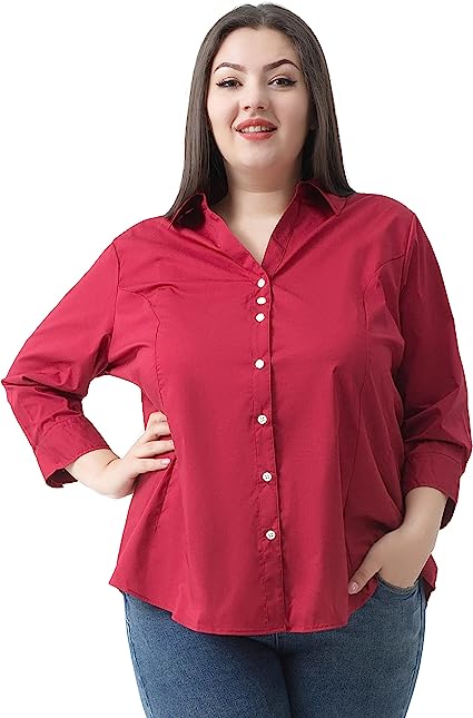 Plus Size 3/4 Sleeve Shirts for Women Button Down Shirts V Neck Women Blouses Tops Business Casual Stretch Shirts