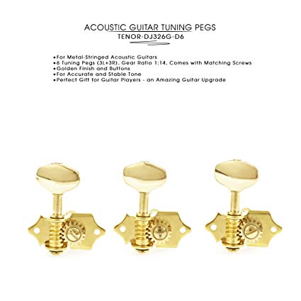 DJ326G-D6 TENOR Acoustic Guitar Tuners, Tuning Key Pegs/Machine Heads for Acoustic Guitar with Gold Plated Finish and Silver Colored Buttons.