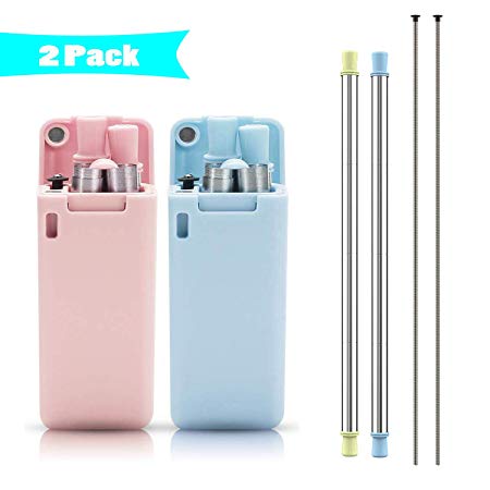AordKing Original Reusable Stainless Steel Collapsible Straws - Portable Drinking Straw with Carrying Case and Cleaning Brush, 100% BPA Free,FDA Approved - 2 Pack(Blue&Pink)