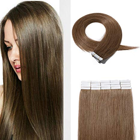 20 Pcs Tape in Human Hair Extensions Glue in Hair Extensions Skin Weft Remy Human Hair Long Straight 10 Free Tapes 18 Inches Light Brown 30g(1.1 oz)