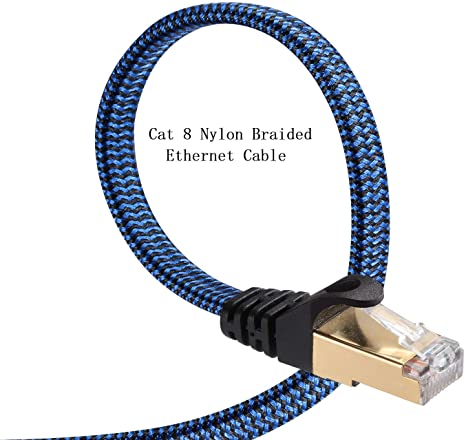 Cat 8 Ethernet Cable, DanYee 25FT Nylon Braided Flat Network Cable High Speed Cat8 Patch LAN Cable (Blue 25FT)