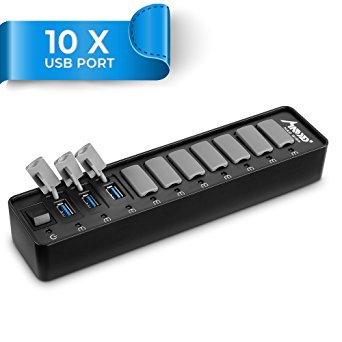 USB Port Hub, MAD GIGA Multi USB Port - USB Charging Hub & Date Transmission USB 3.0 Port with Power Adapter, Transfer Cord, Dust Plug, Individual On/Off Switch, LED Indicates for Home Work Travel
