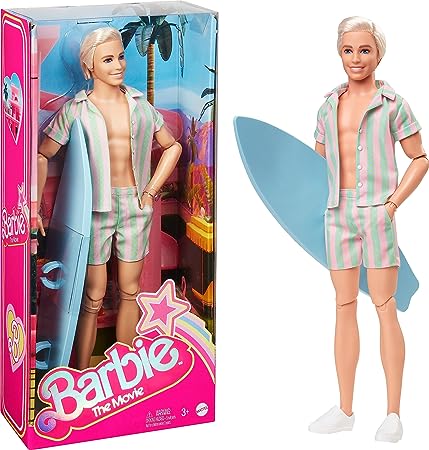 Barbie The Movie Ken Doll Wearing Pastel Pink and Green Striped Beach Matching Set with Surfboard and White Sneakers