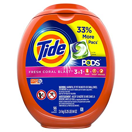 Tide Pods Liquid Detergent Pacs Fresh Coral Blast, 96 Count (Packaging May Vary)