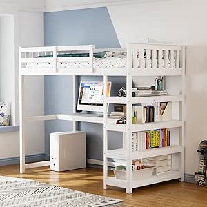 JOYMOR Bunk Bed with Desk and 4-Layer Shelves, Loft Bed Twin Size with Under Desk and Bookcase Storage, Twin Bed Frame for Kids, Adults& Young Teens, White