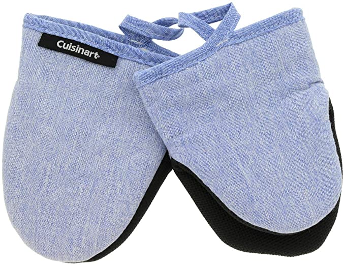 Cuisinart Chambray Neoprene Mini Oven Mitts, 2pk – Heat Resistant Kitchen Gloves to Protect Hands & Surfaces w/ Non-Slip Grip & Hanging Loop –Ideal for Handling Cookware/Bakeware – Light Blue