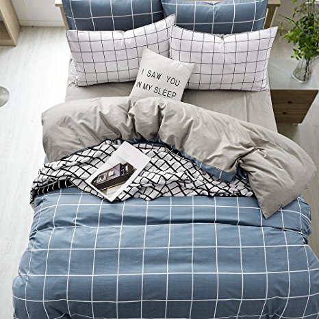 Vougemarket Super Soft 100% Cotton 3-pieces Light Blue and White Grid Prints Duvet Cover Sets(1 Duvet Cover + 2 Pillow Shams) with Hidden Zipper-Full/Queen,Grid 3