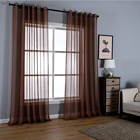 Dreaming Casa Solid Sheer Curtains Draperies Chocolate Grommet Top, 2 Panels 100" W x 84" L