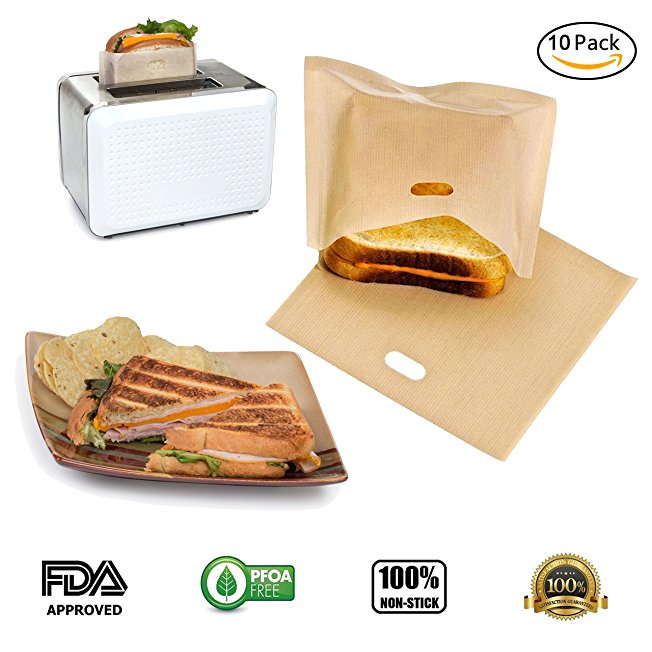 Toaster bags(10-Piece Set)-The Easiest and Cleanest Way To Make Toasted Sandwiches,Grilled Cheese,Panini,Pizza-No Crumbs,Nonstick ,Heat Resistant ,Reusable ,Gluten Free,FDA approved