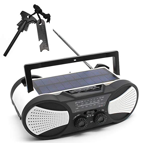 Greadio Emergency Solar Portable Weather Radio with Crank Charge, SOS Alarm, 3W Flashlight, Reading Lamp & 4000mAh Power Bank for Survival, Camping and Outdoors.