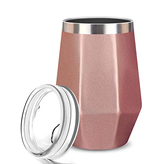 Wine Tumbler, FlatLED Insulated Wine Glass, Stainless Steel Stemless Vacuum Outdoor Wine Glasses with Lid, 12OZ, Unbreakable, Portable, Perfect for Home, Travel, Office or Camping, (Rose Gold)