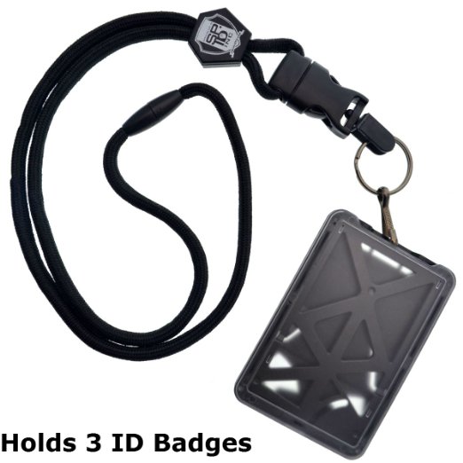 Top Loading THREE ID Card Badge Holder with Heavy Duty Lanyard w Detachable Metal Clip and Key Ring by Specialist ID Sold Individually One Holder  3 Cards Inside Black