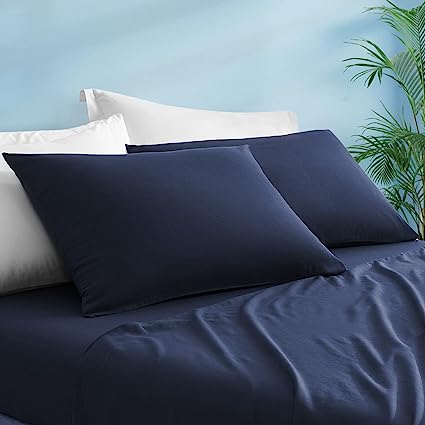 LUXEAR Pillow Cases, 2 Pack King Size Cooling Pillow Cases with 100% Bamboo & Linen Fiber, Breathable, Ultra Soft, Anti-Static, Machine Washable Envelope Hotel Pillowcases - Dark Blue