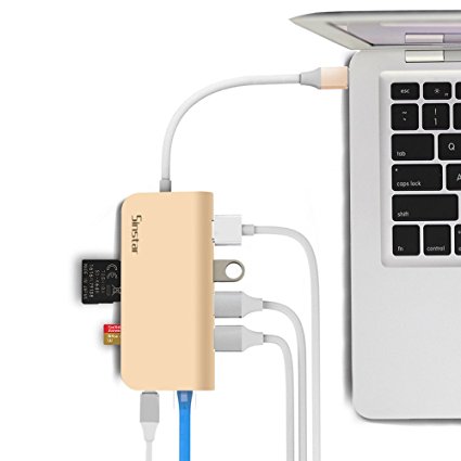 USB C Hub, Sinstar 8 in 1 Aluminum Multi Port Adapter Type C Combo Hub for MacBook Pro USB C Hub to HDMI Male (4K) Type-C Pass Through, Ethernet, SD/Micro Card Reader and 3 USB 3.0 Ports (Gold)