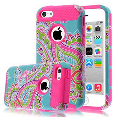 iPhone 5C Case,iphone5C Case,Kmall(TM) for iPhone 5C 2in1 High Impact Hybrid Dual Layer Case Heavy Duty Case Full-body Matte Rugged Armor Cover Case with Totem Tribe Floral Pattern (Hot Pink)