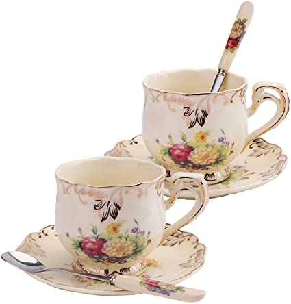 Foraineam Set of 2 Tea Cup and Saucer, 8 oz. Flowering Shrubs Ivory Ceramic Coffee Cup Fancy Floral Porcelain Tea Cup Set with Saucer and Spoon