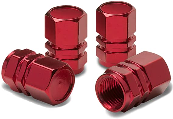 Hexagon Style Polished Aluminum Red Chrome Tire Valve Stem Caps (Pack of 4)