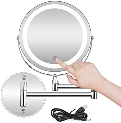 Lighted Wall Mount Makeup Mirror with 5X Magnification Stainless Steel Magnifying Wall Bathroom Mirror Touch Screen/USB & AAA Batteries or Rechargeable Battery Double Source