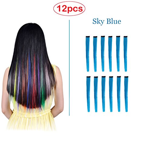 Hawkko 12PCS Straight Colored Clip in Hair Extensions Party Highlight Multiple Colors Hairpieces (12pcs-Sky Blue)
