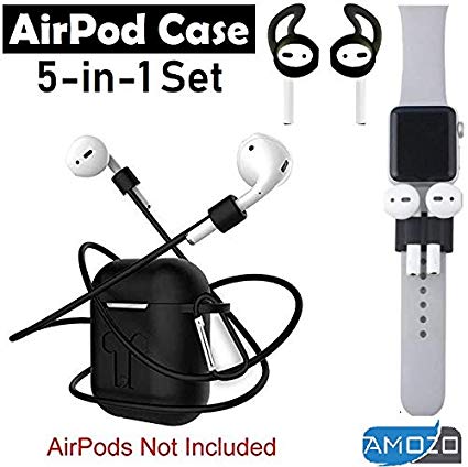 Amozo - Silicon Soft Shock Proof Protective Case 5-in-1 Set Sleeve Skin Cover with Anti Lost Strap   Keychain   Earplug   Strap Holder for Apple AirPods Case Cover (Black) (Silicon 5in1 Set - Black)